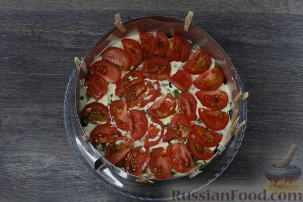 Закусочный торт из запечённых баклажанов, с помидорами и сыром
