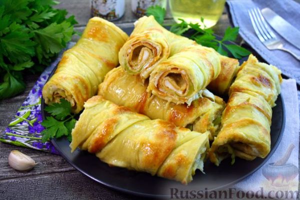 Блинные рулетики с кабачками и сыром (в духовке)