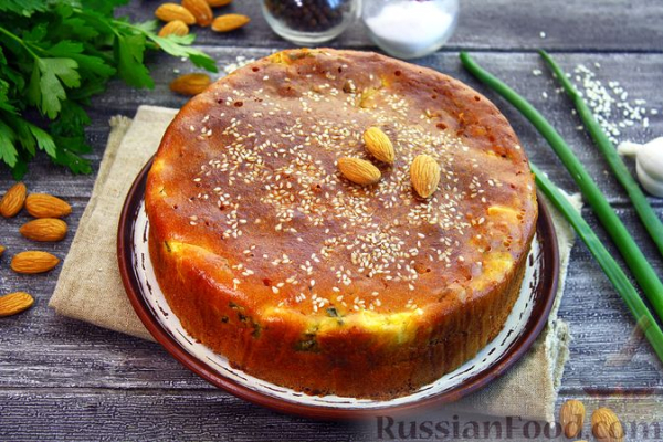 Заливной миндальный пирог с яйцами и зелёным луком (без муки)