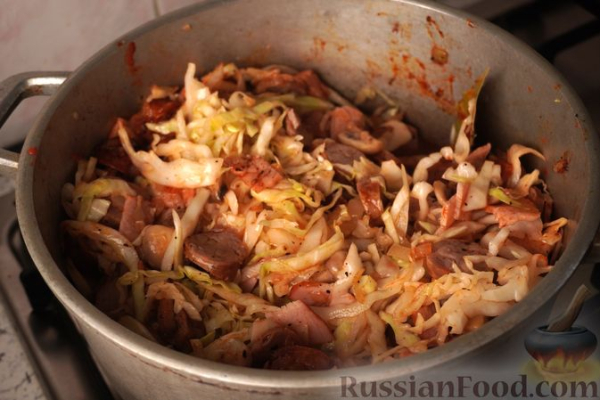 Бигос из молодой капусты с домашней колбасой и грибами