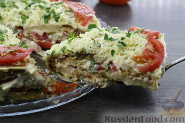 Закусочный торт из запечённых баклажанов, с помидорами и сыром