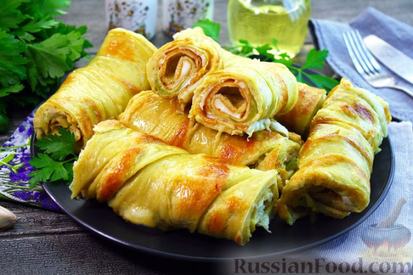 Блинные рулетики с кабачками и сыром (в духовке)