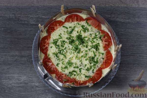 Закусочный торт из запечённых баклажанов, с помидорами и сыром