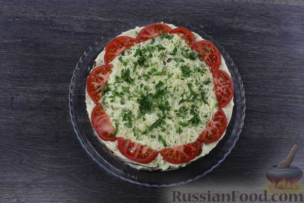 Закусочный торт из запечённых баклажанов, с помидорами и сыром