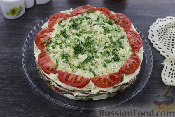 Закусочный торт из запечённых баклажанов, с помидорами и сыром