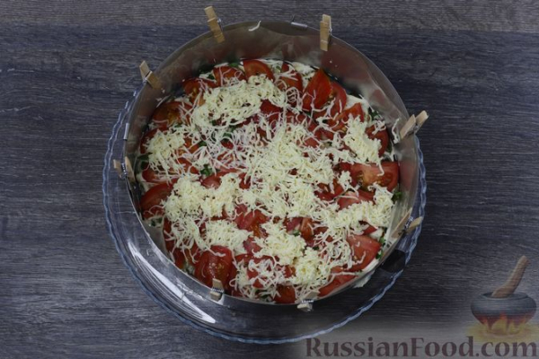 Закусочный торт из запечённых баклажанов, с помидорами и сыром